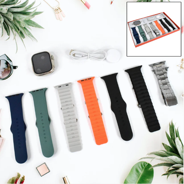 10 In 1 Set Ultra 2 Smart Bluetooth Calling Smart Watch + Earphones With Transparent Screen Guard Watch With Seven Classic Straps