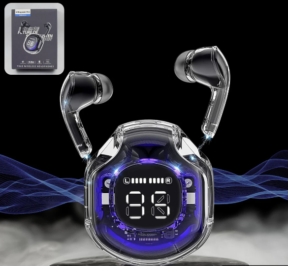 Bluetooth Headphones, Wireless Bluetooth 5.3 In-Ear with Microphones, 200mAh Battery, Transparent LED Display, ENC Noise Cancelling Earbuds, Earphones